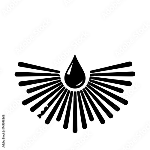 Black Water Drop with Sunburst Rays Minimalist Design Graphic Illustration.