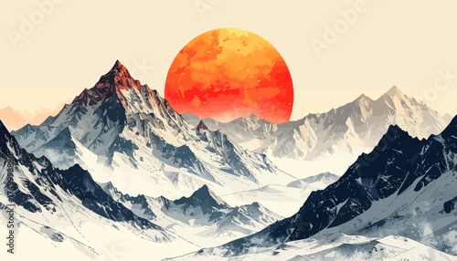 Snowy mountains with large red sun rising