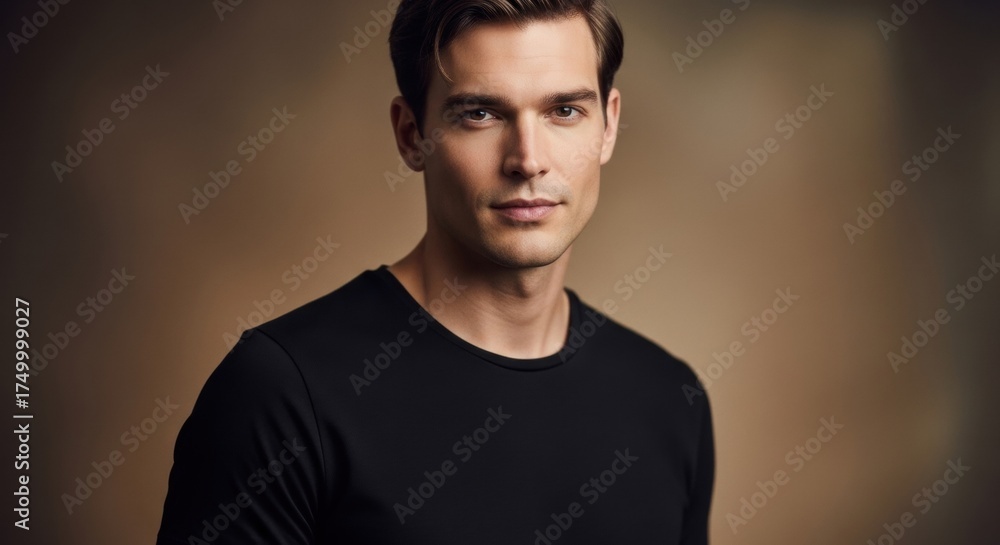 Obraz premium Portrait of a Handsome Man with Warm Lighting and Neutral Background