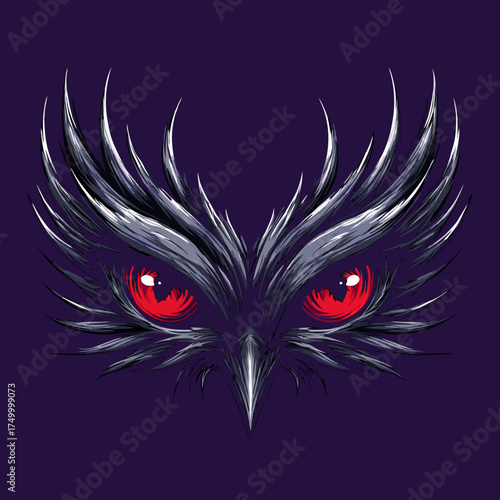 Mysterious dark owl face illustration with fierce red eyes. Intense predatory bird vector art, sharp graphic design element.