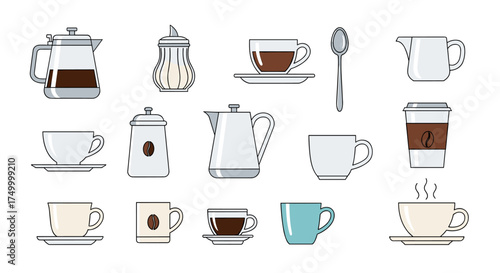 A collection of coffee and tea related items including cups saucers sugar bowls and coffee pots.