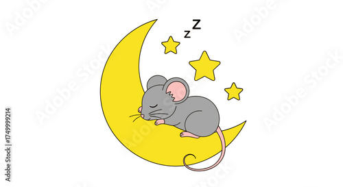 A small gray mouse peacefully sleeps on a crescent moon surrounded by twinkling stars and the letter zzz indicating slumber.