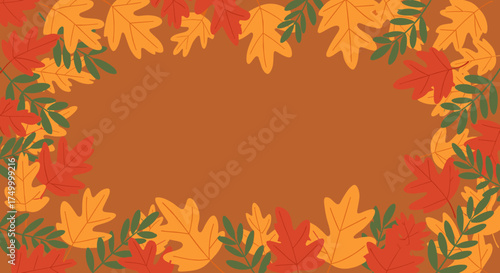 A decorative border of colorful autumn leaves frames a warm brown background for text or design.