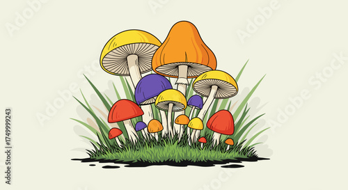 A whimsical cluster of colorful mushrooms growing tall in vibrant green grass.