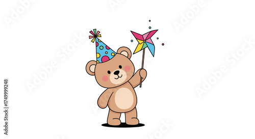 A cute bear wearing a party hat holds a colorful pinwheel and celebrates joyfully.