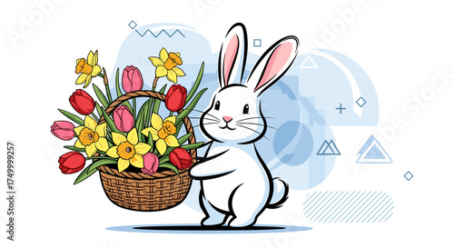 A cute bunny holding a basket overflowing with colorful spring tulips and cheerful daffodils celebrating the Easter season.