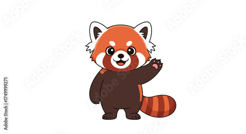 A cute cartoon red panda with its paw raised in a friendly waving gesture against a white background.