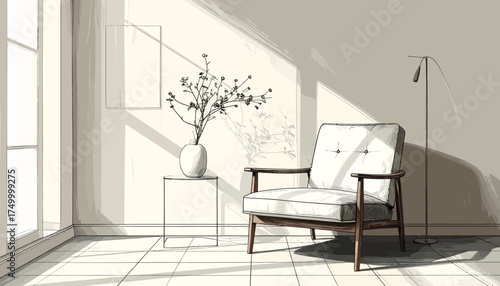 Cozy living room corner with chair and dried flowers