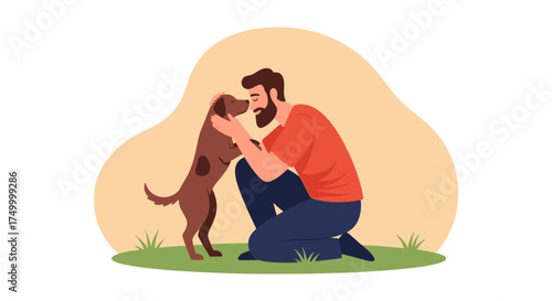 A man kneels on the grass and lovingly pets his dog which is standing up to greet him with a happy expression.