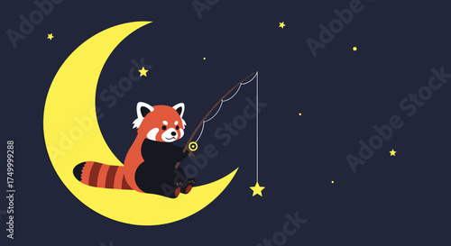 A cute red panda sitting on a crescent moon fishing for stars in the night sky.