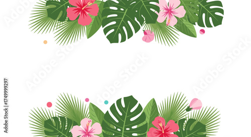 Vibrant tropical foliage and hibiscus flowers create a festive summer border design.