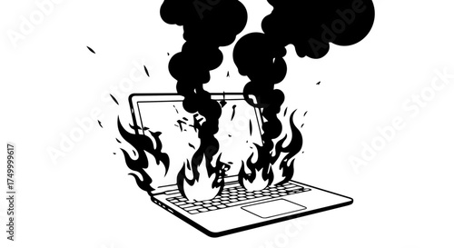 Burning Laptop Computer with Flames and Smoke, Overheating and Damaged Device.