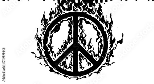 Burning Peace Symbol in Black Flames, Symbolic of Protest and Conflict.