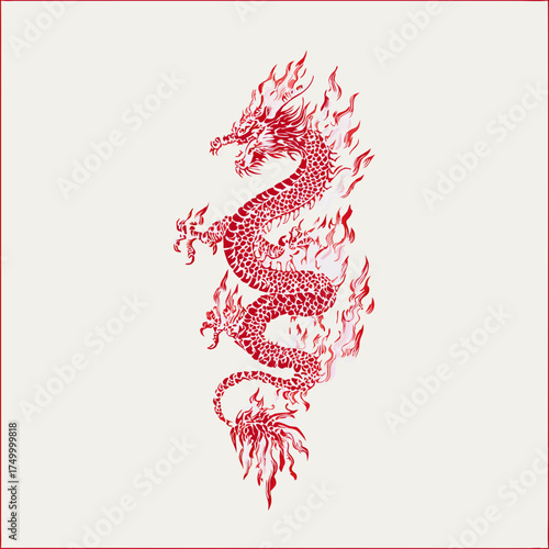 Dynamic red mythical dragon illustration with intricate scales and fiery flames on a white background, traditional fantasy art design element
