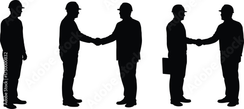 Silhouette of construction workers shaking hands, business agreement, teamwork success, engineering deal, industrial partnership, professional collaboration, handshake in industry