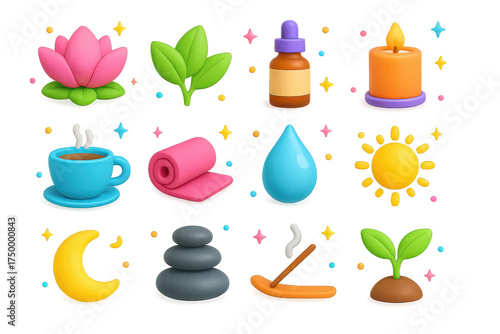 Holistic Wellness Icons. Holistic wellness. 3D icons set of holistic wellness: lotus flower, herbal leaves, essential oil bottle, candle, tea cup, yoga mat,