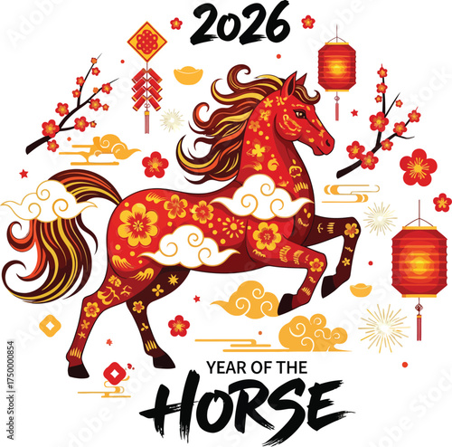 Vector, illustration of happy Chinese New Year 2026, fire horse with gold design, poster, printing, background