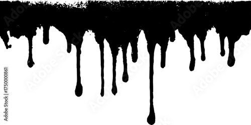  Black dripping paint isolated on white background. Dark dripping liquid abstract art. Dark liquid drips downwards, with a glittery, reflective