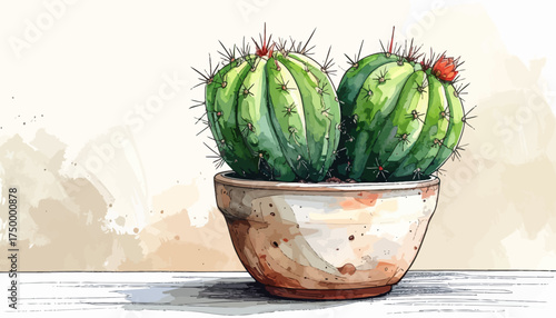 Two green cacti in terracotta pot on wooden surface