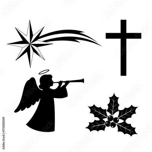 Schilderij op canvas Christmas and religious symbols set with angel cross star and holly