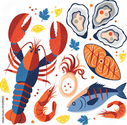 vector, illustration, seafood, crab, shrimp, fish, shellfish, seaweed, poster, printing, background