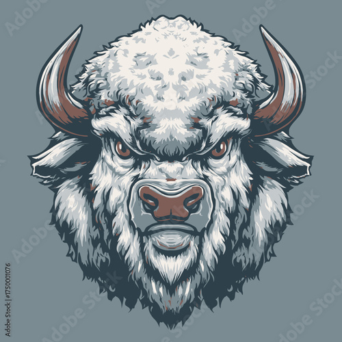 Fierce white bison head illustration, vintage style animal mascot, detailed powerful buffalo portrait artwork