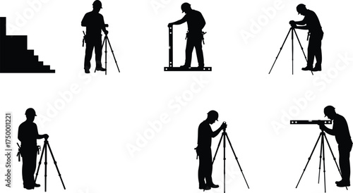 Silhouette surveyor workers with tripod, construction site measurement, 