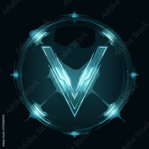 Futuristic glowing letter V symbol in an abstract digital circle, high-tech neon energy emblem on a dark background, cyber graphic design icon.