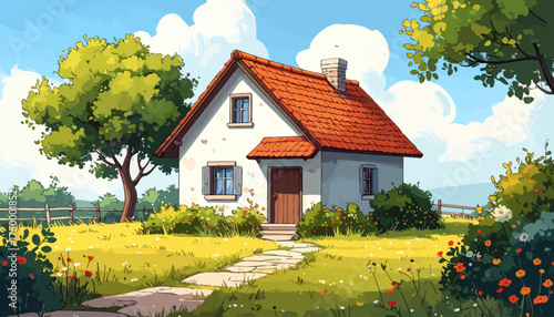 Cozy cottage in a meadow with wildflowers