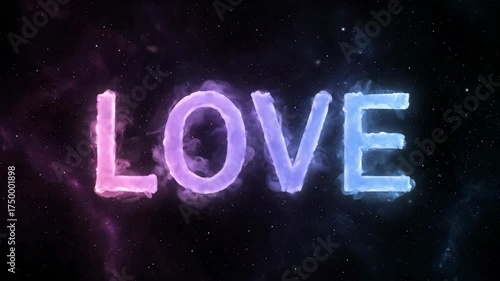 Colorful smoke trail forms into the word love in galactic space. Changing text animation for romantic message.