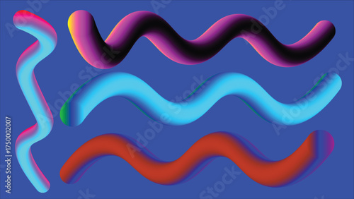 Abstract wavy tubes with vibrant neon gradient colors on a blue background liquid shape background