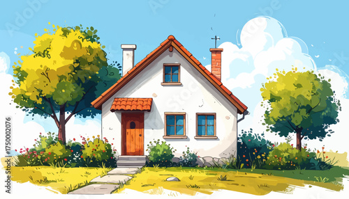 Cozy house with garden and blue sky