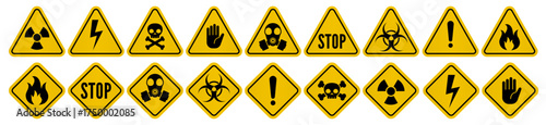 danger hazard warning radiation yellow icons signs set vector illustration 
