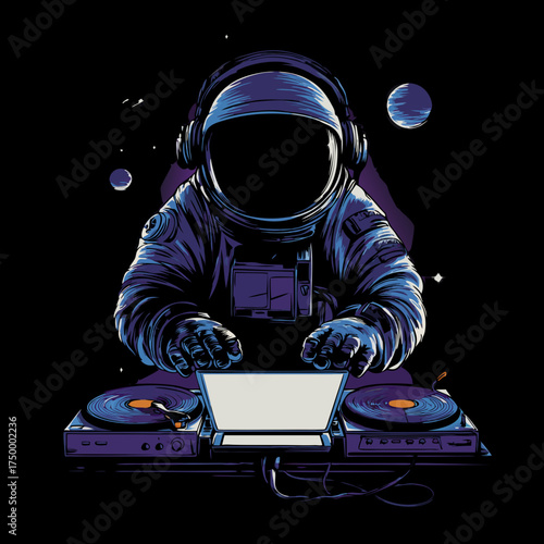 Cool astronaut DJ in a space suit spinning records on turntables with headphones, surrounded by planets in deep space, sci-fi music illustration.
