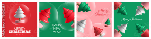 merry christmas  and happy new year square greeting cards banners set with 3d christmas trees glass balls vector illustration