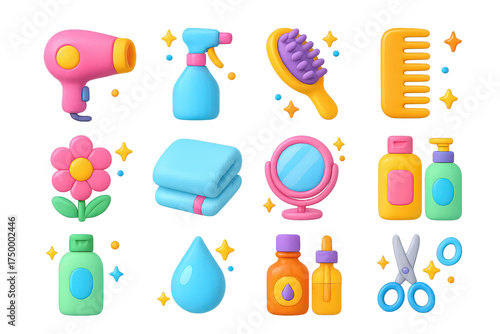Colorful Styling Icons. Styling finish. 3D icons set of styling finish: hair dryer, spray bottle, hairbrush, comb, mirror, flower, towel, shampoo bottle,