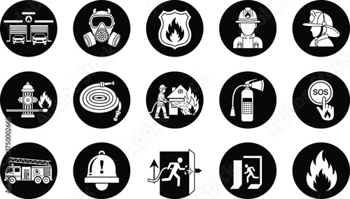 Fire safety icon vector set, emergency response symbols, firefighter equipment clipart, evacuation and alarm design, black and white rescue graphic collection
