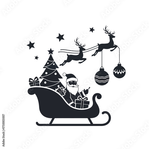 Santa Claus Flying Sleigh With Reindeer Christmas Tree Gifts and Stars.