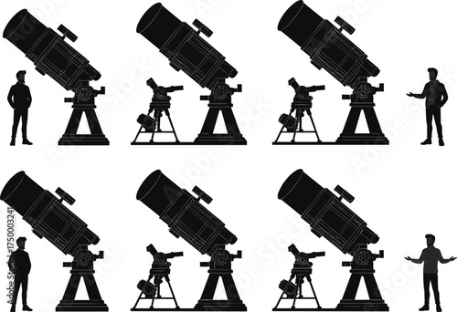 Silhouette telescope observation, astronomy science equipment, people stargazing, cad drawing flat vector illustration, night sky exploration, tripod mounted optical instruments