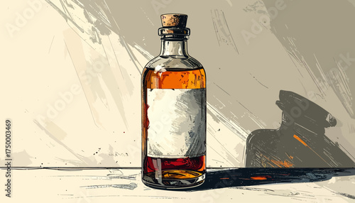 Amber liquid in glass bottle with cork stopper