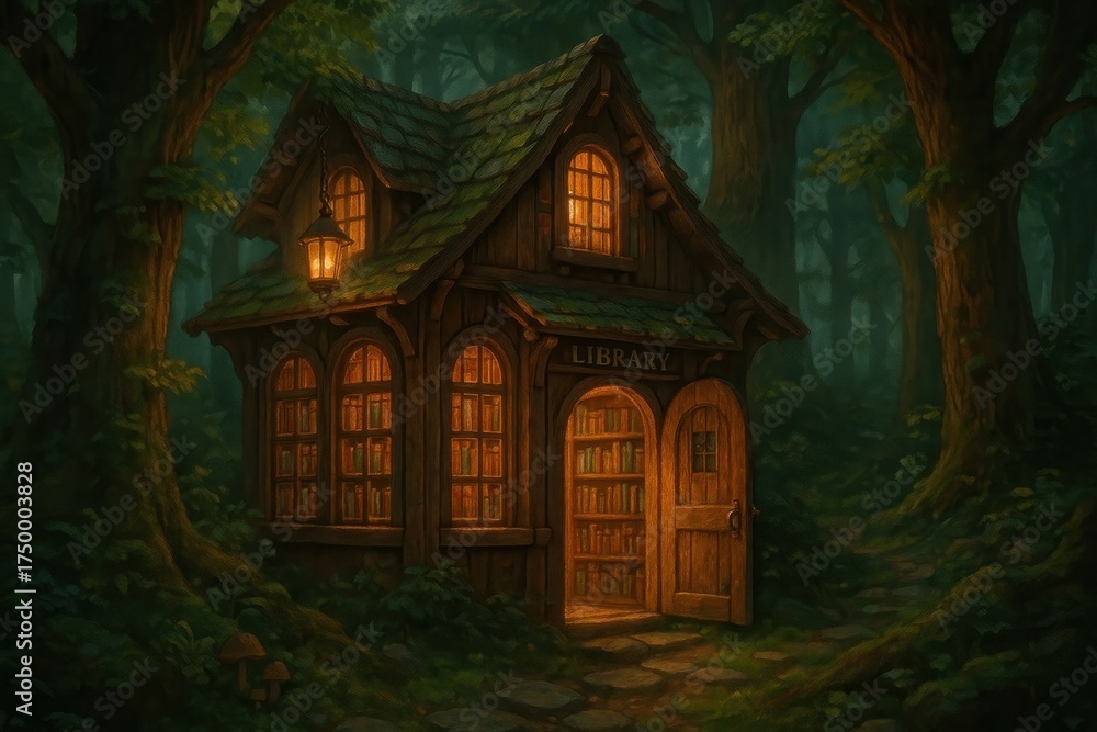 Obraz premium Enchanted forest library illustration