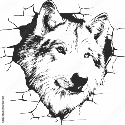Powerful wolf head vector illustration breaking through a cracked wall, dynamic black and white graphic design, wild animal strength and freedom