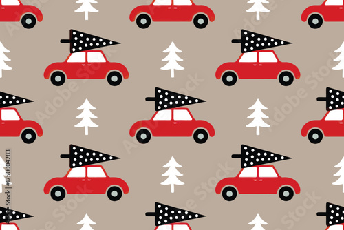 Red Car with Christmas Tree Seamless Pattern for Holiday Background