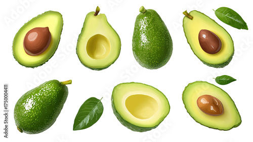 set of avocado top view isolated on transparent white background