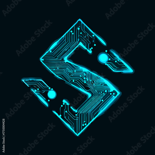 Neon glowing letter S made of circuit board lines on a dark background. Futuristic technology concept with digital abstract design.