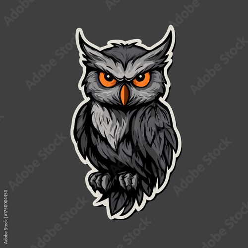 Majestic fierce owl illustration with piercing orange eyes. Detailed predatory bird graphic, wise nocturnal animal digital art vector.