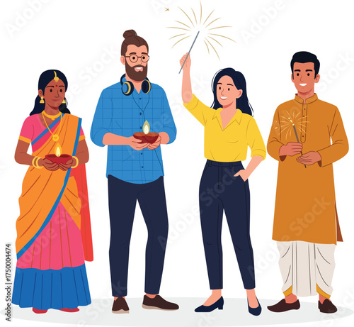 Indian office colleagues celebrating diwali together. multicultural friends holding diyas and sparklers