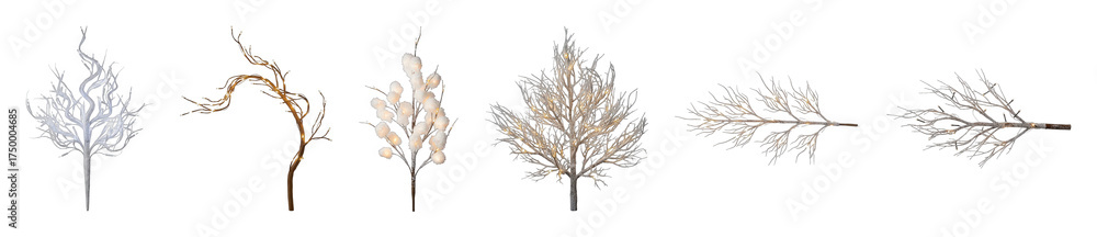 Fototapeta premium Decorative branch set including white flocked, natural brown, pom-pom, and illuminated frosted elements isolated. Winter holiday and seasonal design accents.