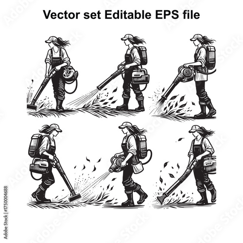 Vector art of collection of vector illustrations of a woman operating a leaf blower, , depicting different angles and usage scenarios, perfect for seasonal or landscaping themes