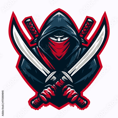 Dark Hooded Warrior Mascot with Crossed Swords Esport Gaming Team Emblem Design Illustration Vector